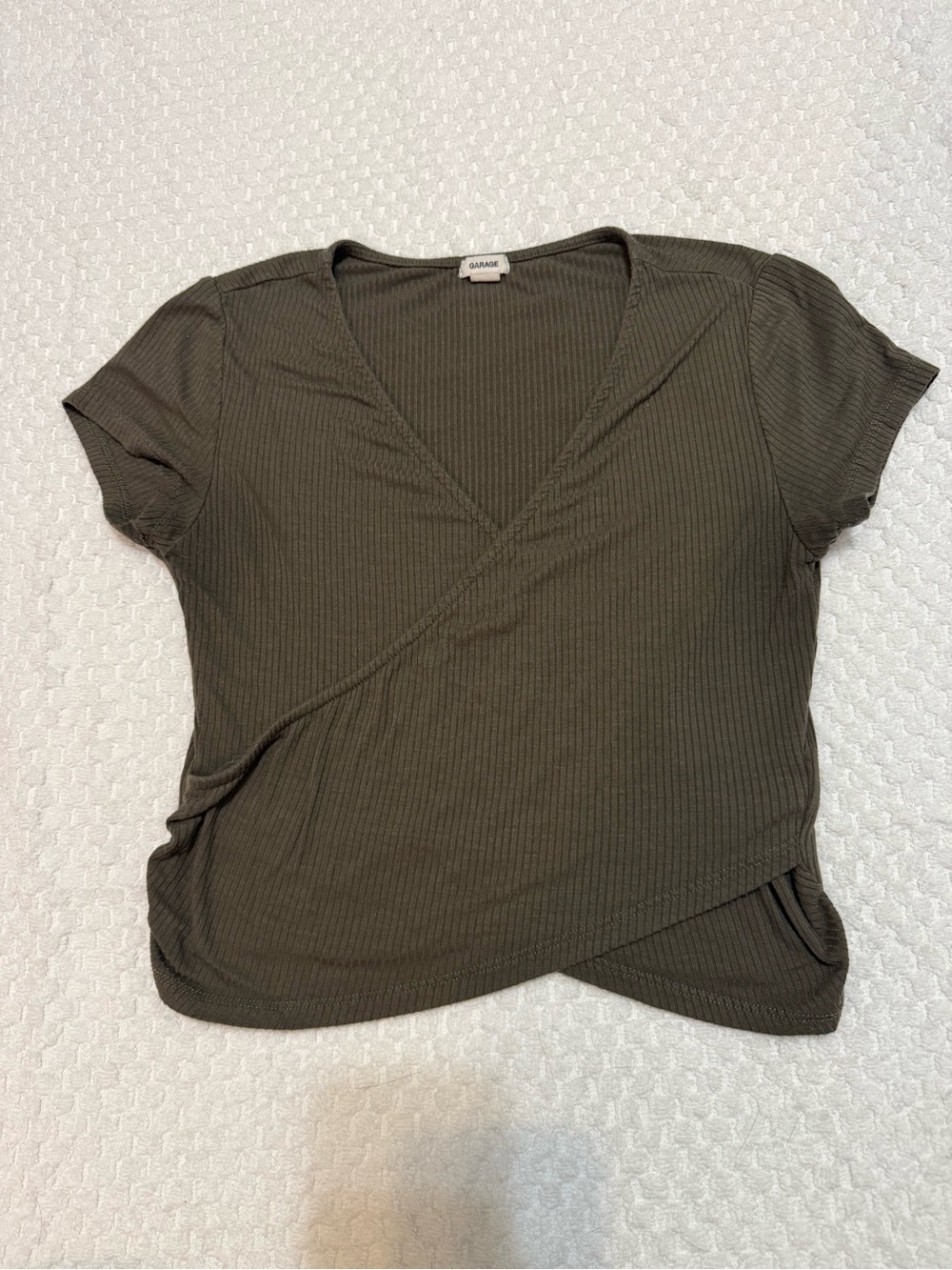 Garage Olive Ribbed Wrap V-Neck Short Sleeve Top